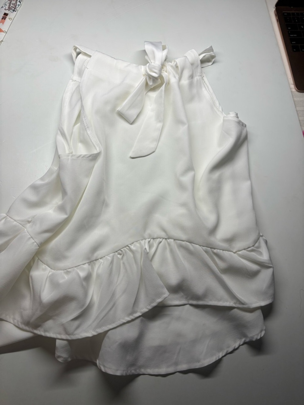 White Ruffled Tie-Neck Sleeveless Blouse